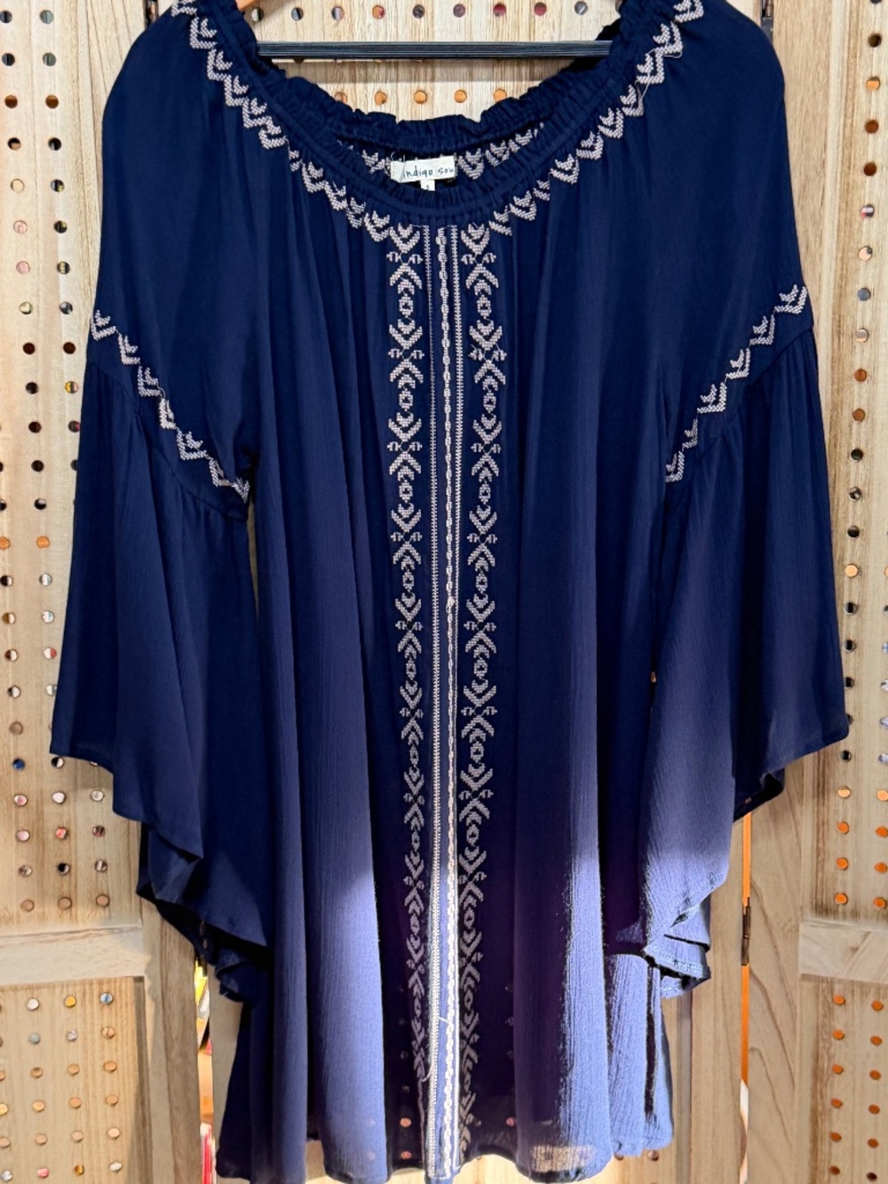 NWT Indigo Soul Embroidered Boho Tunic Dress Navy Bell Sleeve Small